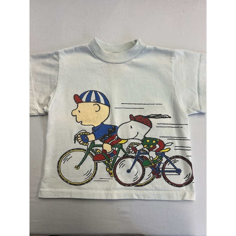 Vintage 90s Peanuts Snoopy Charlie Brown Bicycle Double Sided Shirt Kids 3T USA